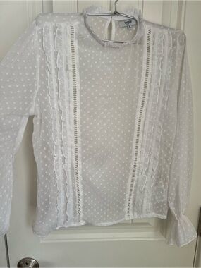 Kensie White Swiss Dot Ruffle Mock Neck Sheer Long Sleeve Blouse